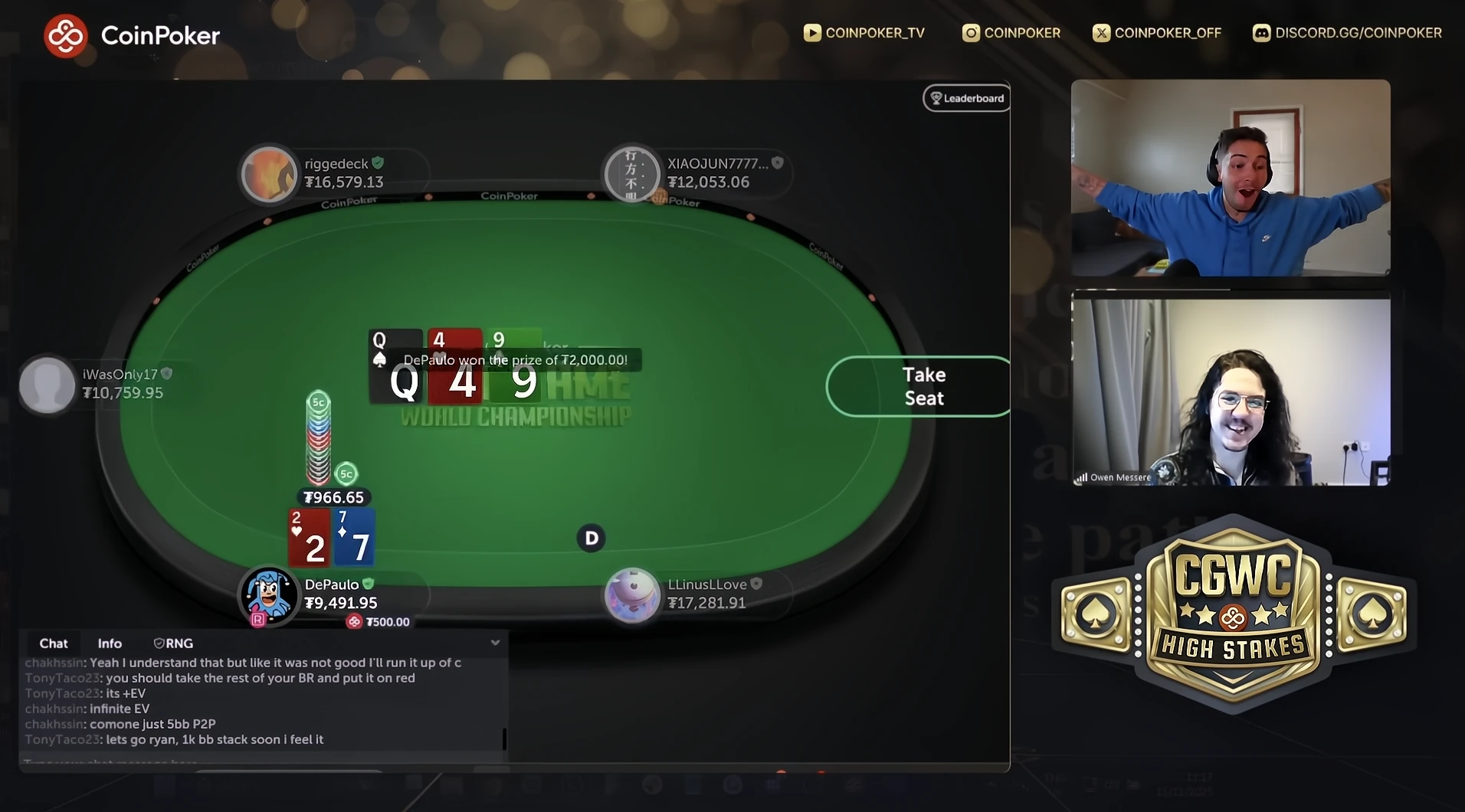 Ryan Depaulo 在 CoinPoker 上玩新推出的七二牌局時,用 7-2 的牌型進行詐唬並最終獲勝。