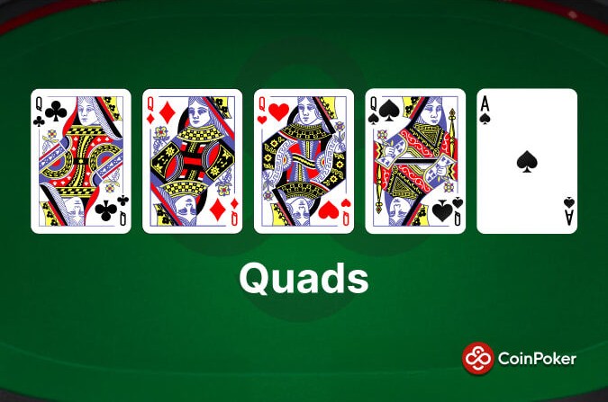 An example of Quads (Four of a Kind) in poker, made with Qd Qh Qc Qs As.
