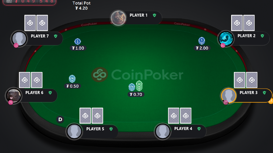 An image of the preflop round in a poker cash game, with the small blind and big blind paid, and action continuing around the table.
