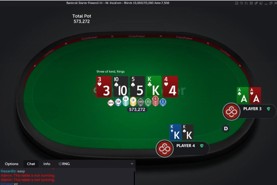 A pair of Kings makes a set against a pair of Aces in a CoinPoker No LImit Hold'em game.