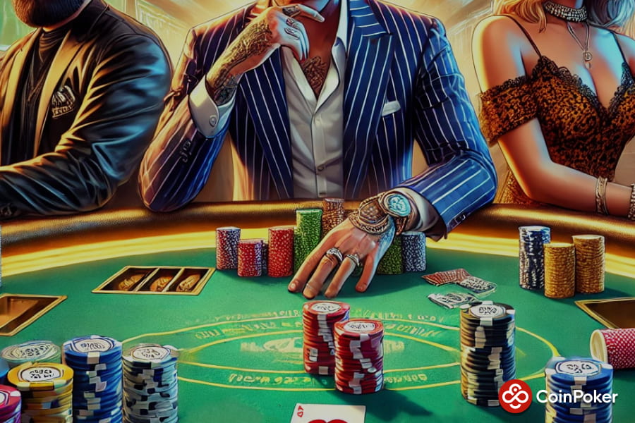 A player sits beside two other players and engages in a game of poker