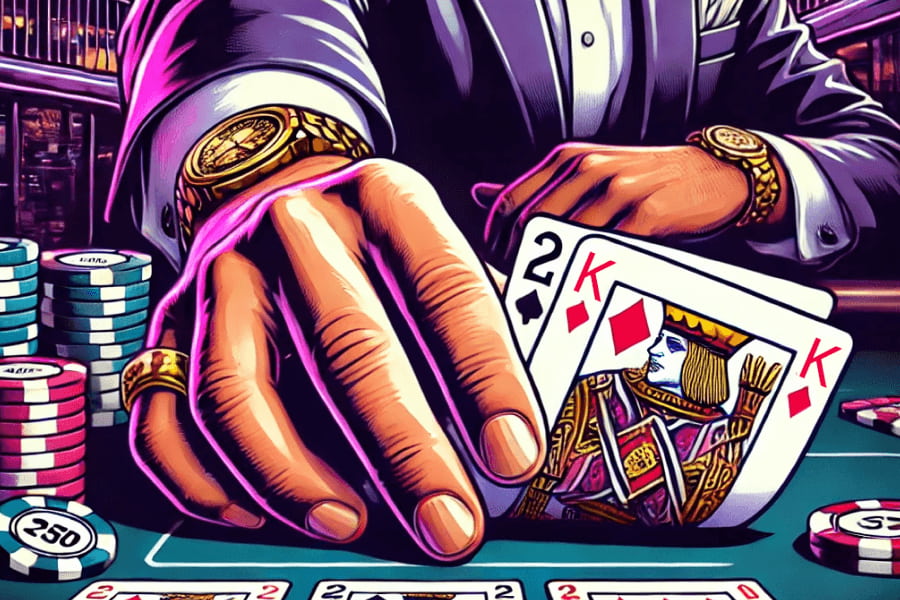 A poker player shows his cards (2-K) in a poker game, hitting a very lucky flop of 2-2-2 for four of a kind.