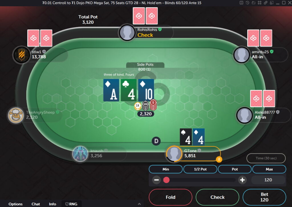 プレーヤーが 4 のセットをフロップし、スペードの 4 とダイヤモンドの 4 を保持しました。