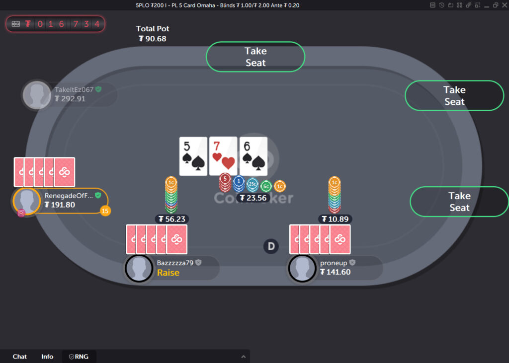 CoinPoker의 PLO5 게임에서는 한 플레이어가 베팅하고, 다른 플레이어가 레이즈를 하고, 세 번째 플레이어가 3벳, 콜 또는 폴드를 고려합니다.