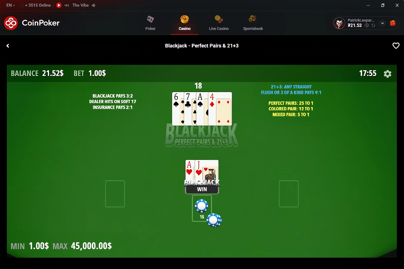 플레이어가 10과 7에서 무엇을 할지 결정하는 CoinPoker Casino에서 One Blackjack 게임이 진행 중입니다.