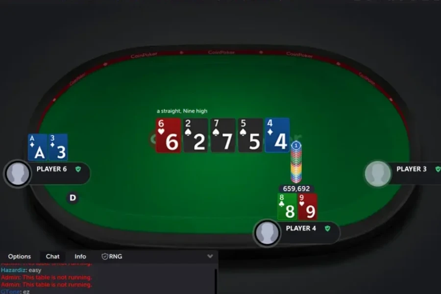 CoinPoker のフリーロールでは、両方のプレーヤーがストレートを持っていますが、一方のプレーヤーは 5 から 9 のストレートを持ち、もう一方のプレーヤーは 3 から 7 の低いストレートを持っています。
