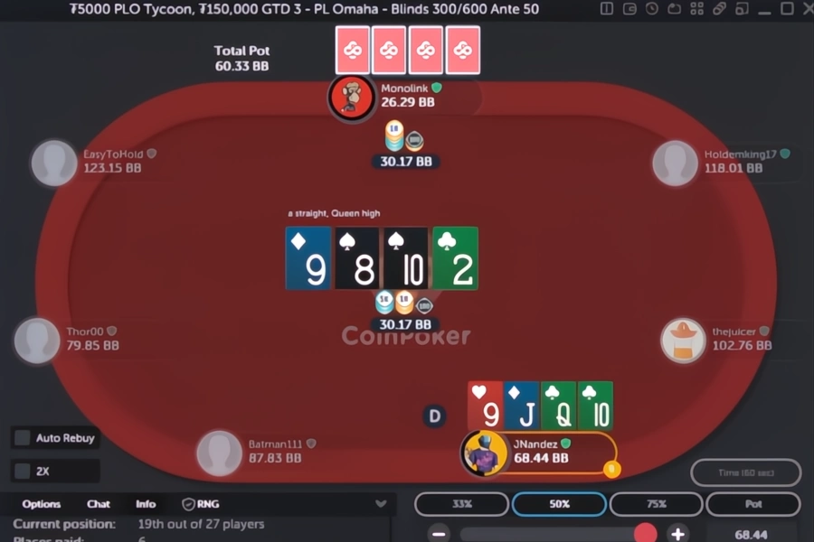 JNandez 在 CoinPoker 玩底池限注奧馬哈線上牌桌。
