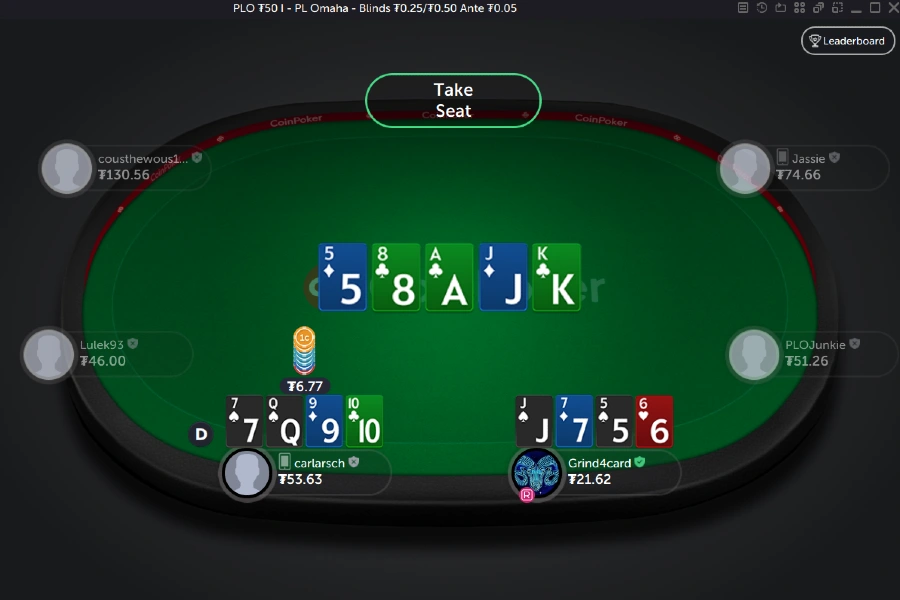 Two players with multiple draws reach the river in a PLO game on CoinPoker