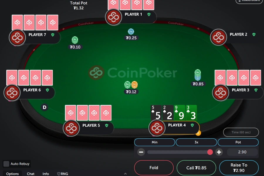 玩家在 CoinPoker 上的 底池限注奥马哈 游戏中选择下注大小